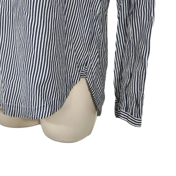 J Crew Blue Stripe Top Women Size 6 Long Sleeve Tie Neckline Nautical Semi-sheer - Picture 4 of 9